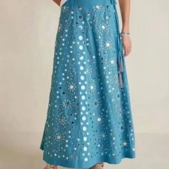 NWT Soft Surroundings Turquoise Maxi Skirt Mirror Embellished Boho Embroider PL - Picture 2 of 9